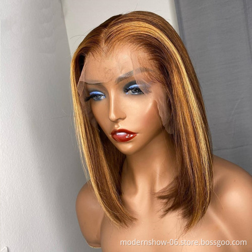 Highlight Color Lace Front Human Hair Wigs 150% Density Brazilian Virgin Straight Hair Blonde Short Bob Glueless T Lace Wigs